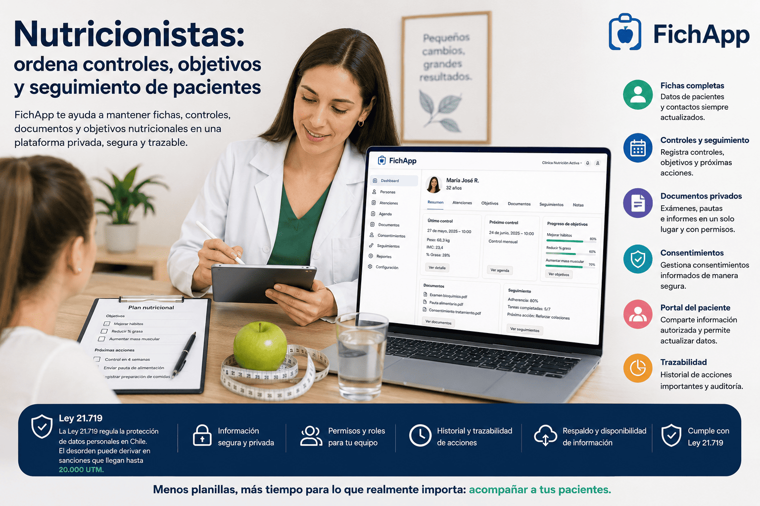 Nutricionista usando una plataforma segura para ordenar controles, objetivos, documentos y seguimiento de pacientes