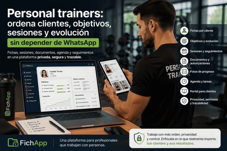 Personal trainer usando una plataforma segura para ordenar clientes, objetivos, sesiones, documentos, fotografías autorizadas y seguimiento