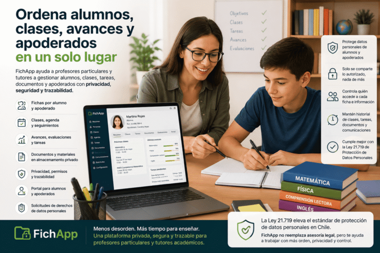 Profesora particular usando una plataforma segura para ordenar alumnos, clases, avances, documentos, apoderados y seguimiento