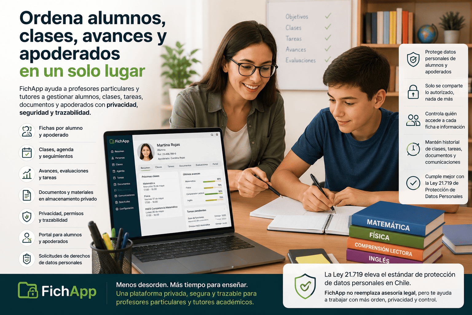 Profesora particular usando una plataforma segura para ordenar alumnos, clases, avances, documentos, apoderados y seguimiento
