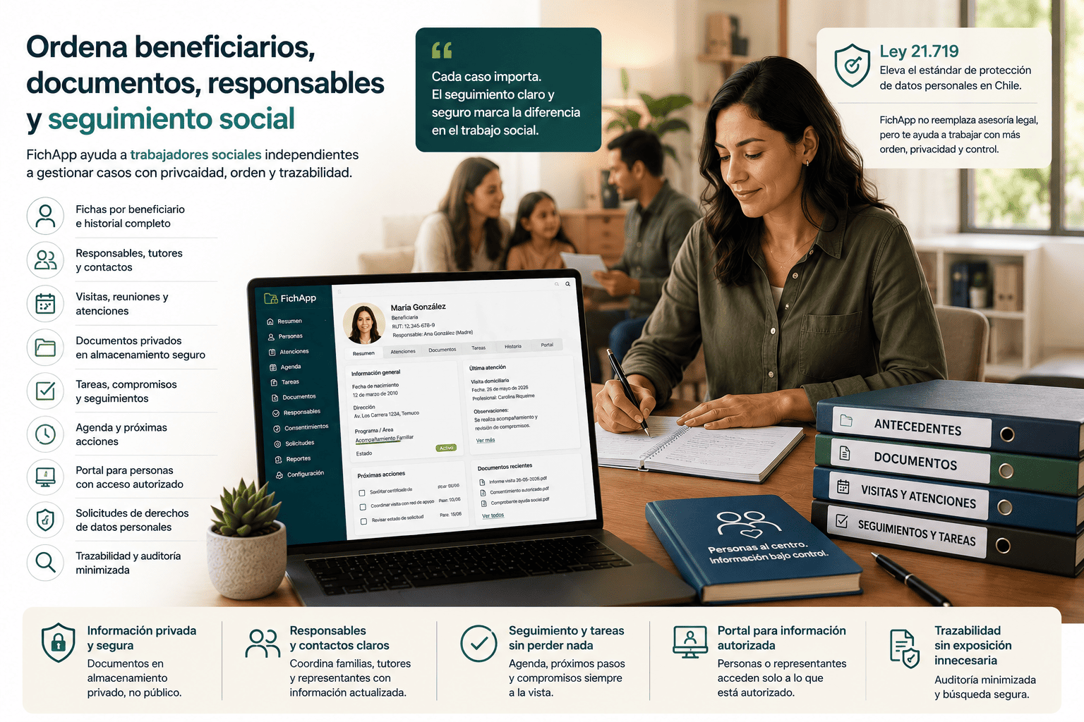 Trabajadora social usando una plataforma segura para ordenar beneficiarios, documentos, responsables, visitas, tareas y seguimiento