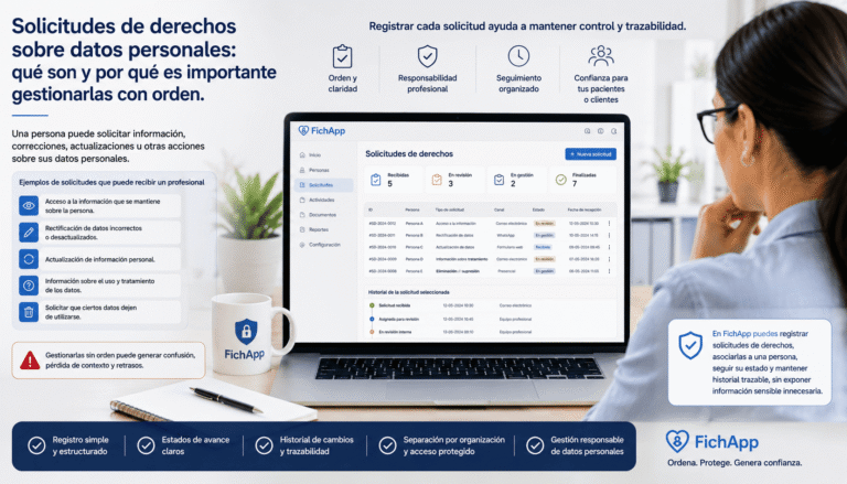 Profesional revisando una solicitud de derechos sobre datos personales en una plataforma segura y trazable