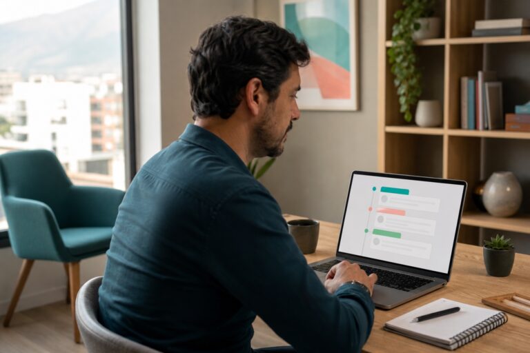 Profesional revisando una ficha digital organizada como línea de tiempo
