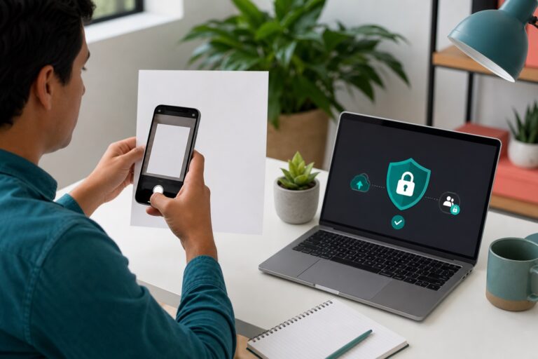 Profesional fotografiando un documento sintético para cargarlo en un almacenamiento privado