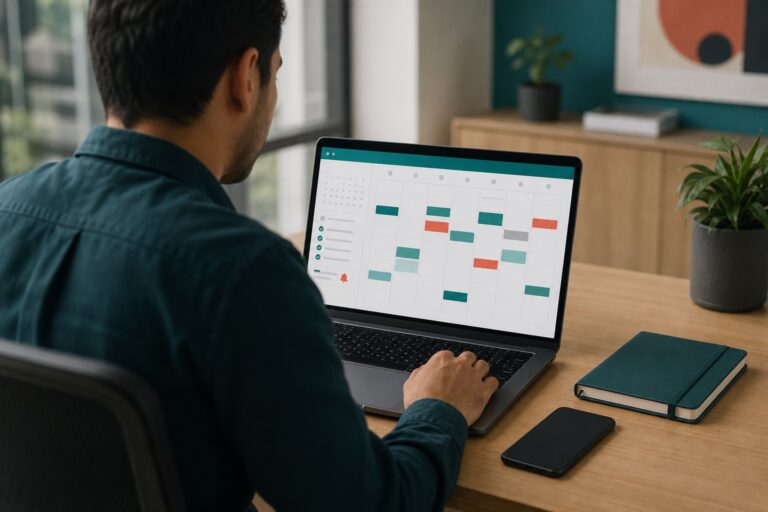 Profesional organizando citas tareas y recordatorios en un calendario digital