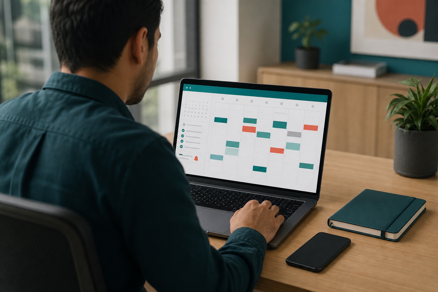 Profesional organizando citas tareas y recordatorios en un calendario digital