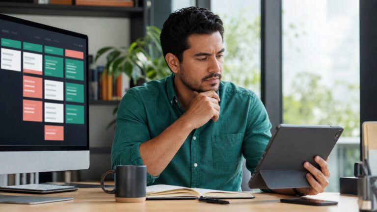 Profesional comparando CRM y ficha digital para gestionar clientes