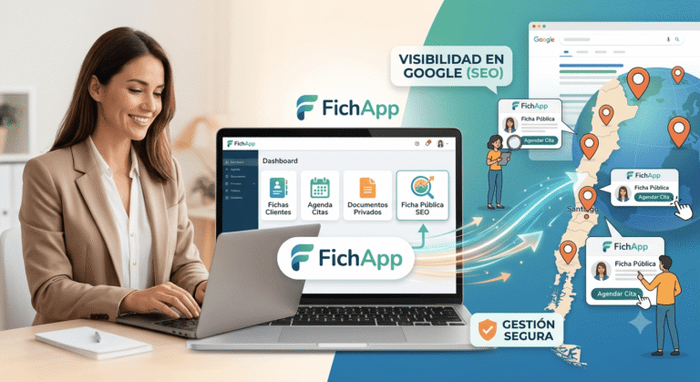 Profesional usando la plataforma FichApp para gestionar fichas de clientes y posicionar su ficha pública en Google.