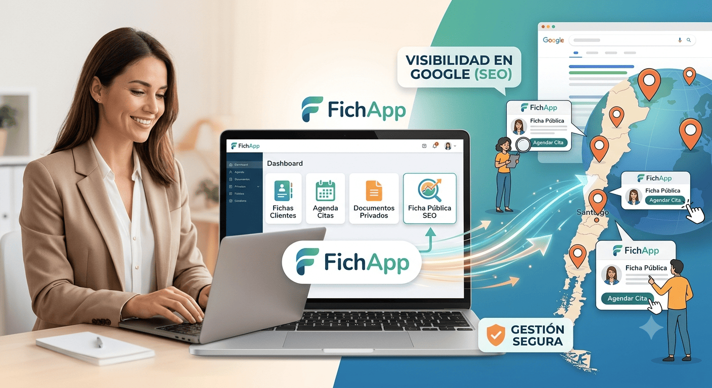 Profesional usando la plataforma FichApp para gestionar fichas de clientes y posicionar su ficha pública en Google.