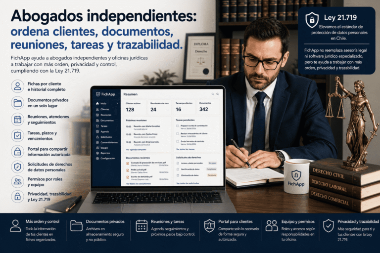 Abogado independiente usando una plataforma segura para ordenar clientes, documentos, reuniones, tareas y trazabilidad