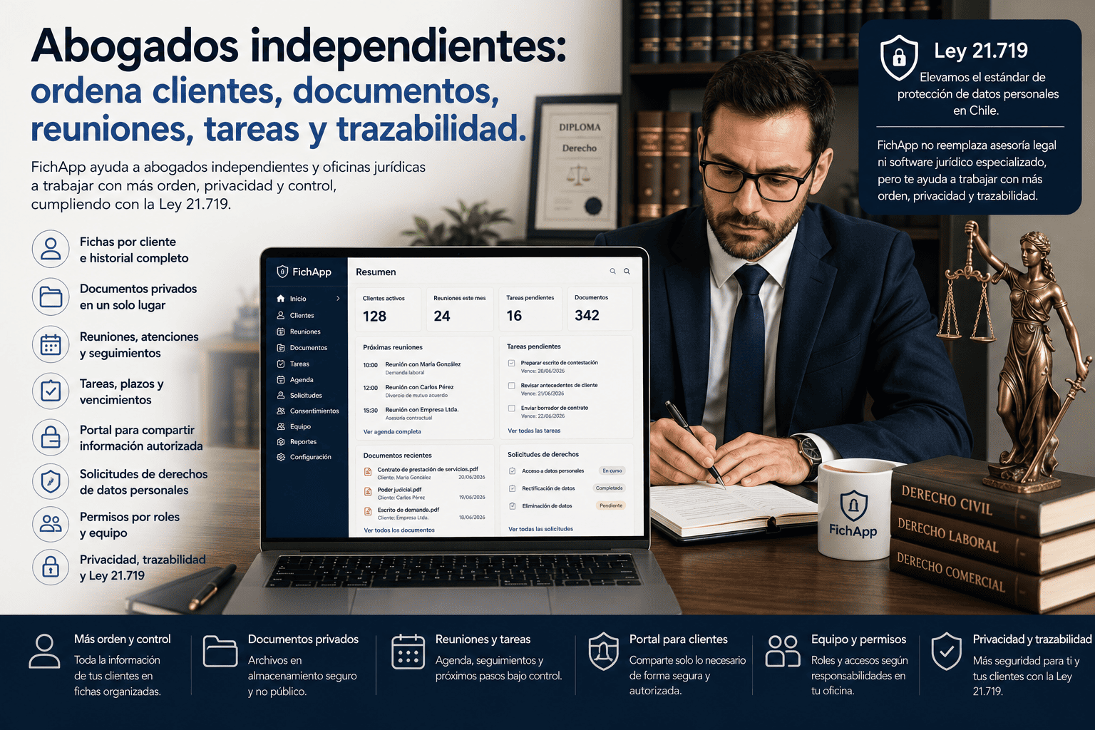 Abogado independiente usando una plataforma segura para ordenar clientes, documentos, reuniones, tareas y trazabilidad