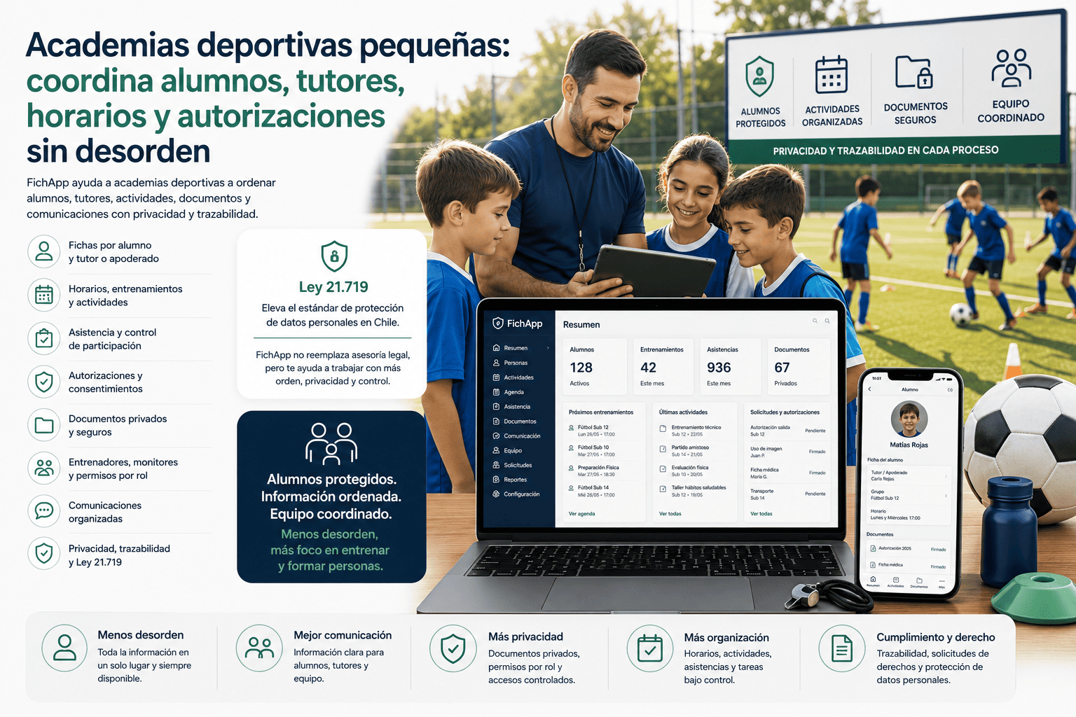 Academia deportiva pequeña usando una plataforma segura para coordinar alumnos, tutores, horarios, autorizaciones y documentos