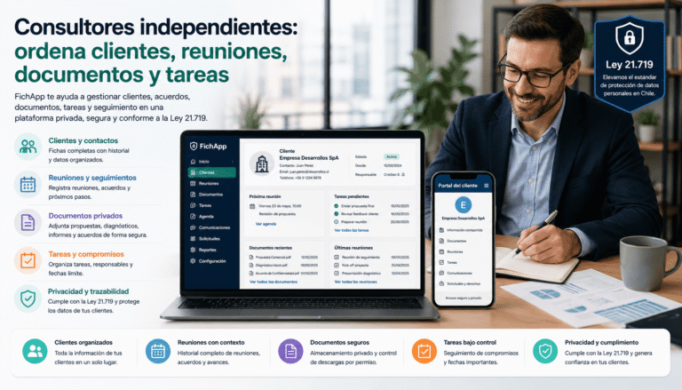 Consultor independiente usando una plataforma segura para ordenar clientes, reuniones, documentos, acuerdos, tareas y seguimiento