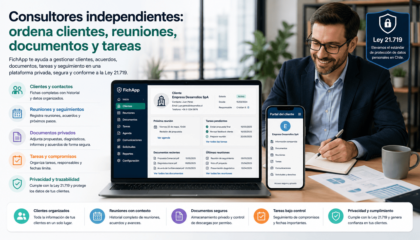 Consultor independiente usando una plataforma segura para ordenar clientes, reuniones, documentos, acuerdos, tareas y seguimiento