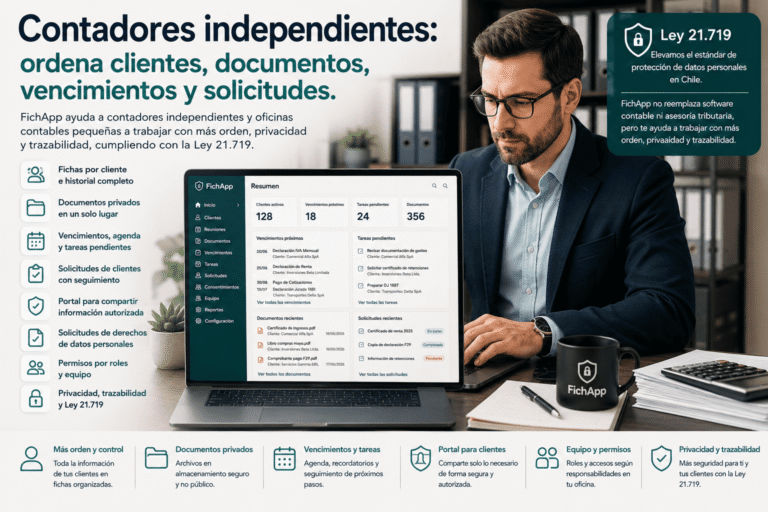 Contador independiente usando una plataforma segura para ordenar clientes, documentos, vencimientos, solicitudes y tareas