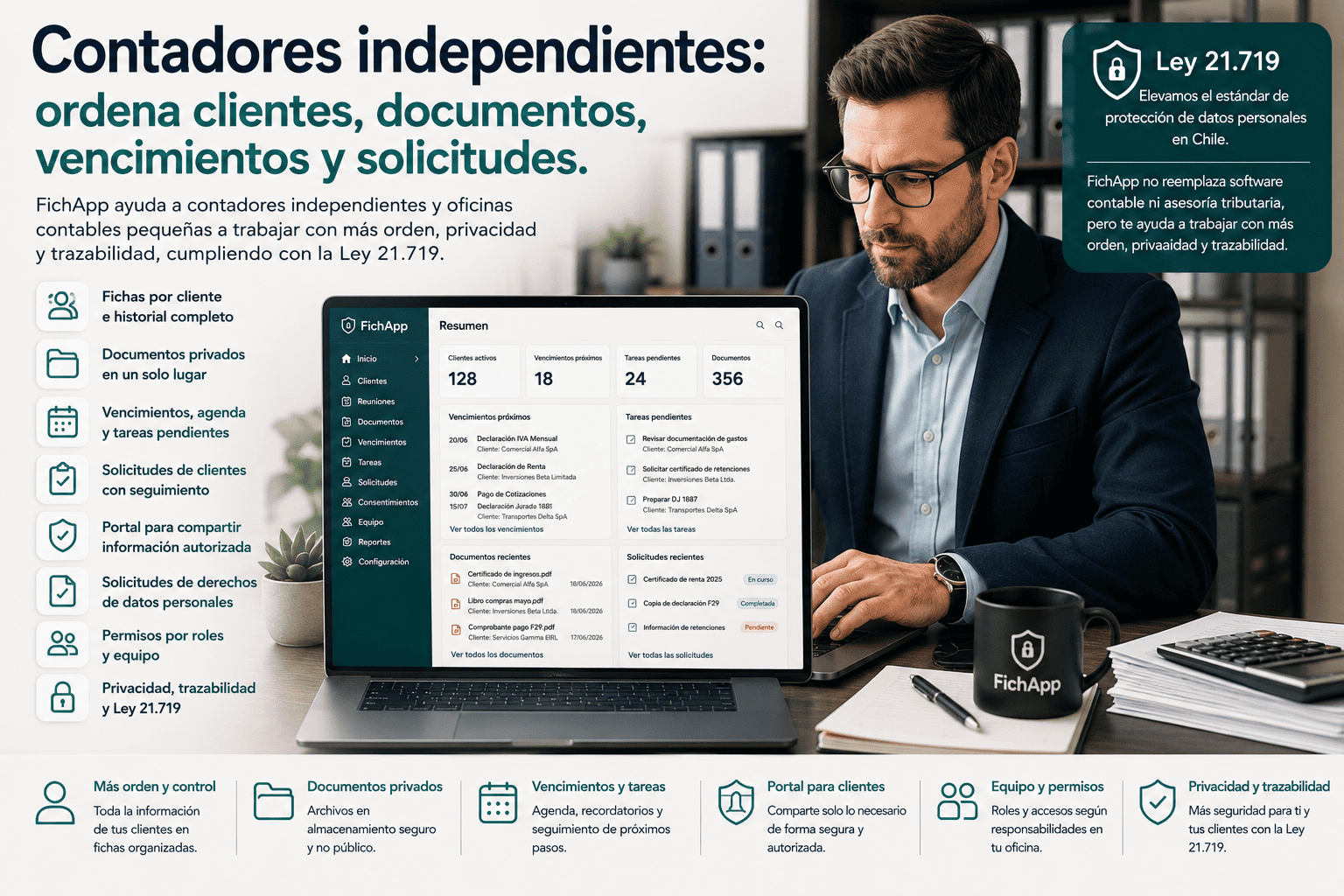 Contador independiente usando una plataforma segura para ordenar clientes, documentos, vencimientos, solicitudes y tareas