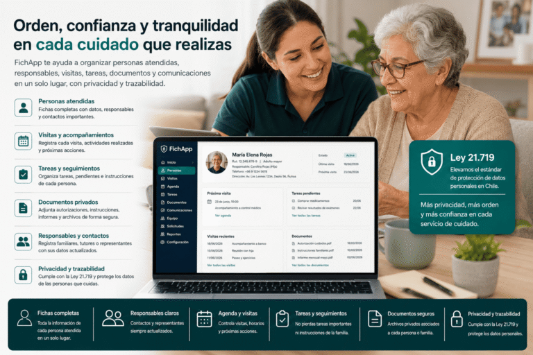 Cuidadora no clínica usando una plataforma segura para ordenar personas atendidas, responsables, visitas, tareas y documentos