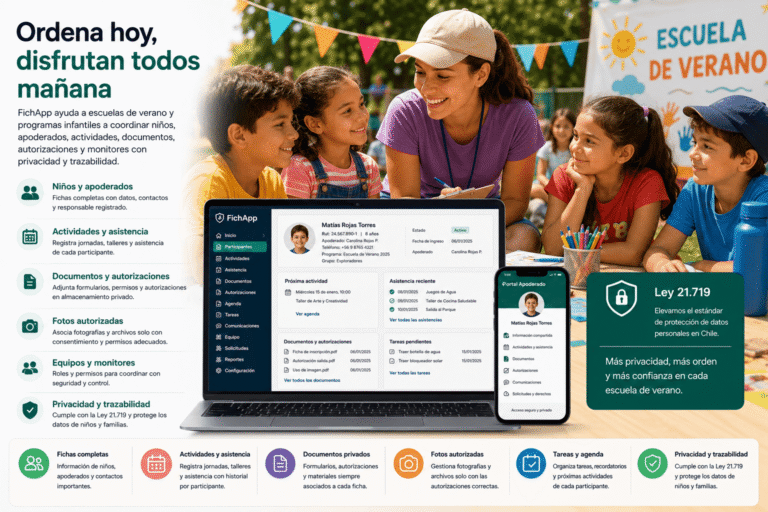 Escuela de verano usando una plataforma segura para coordinar niños, apoderados, actividades, documentos, autorizaciones y asistencia