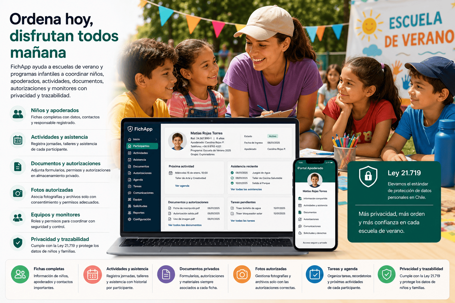 Escuela de verano usando una plataforma segura para coordinar niños, apoderados, actividades, documentos, autorizaciones y asistencia