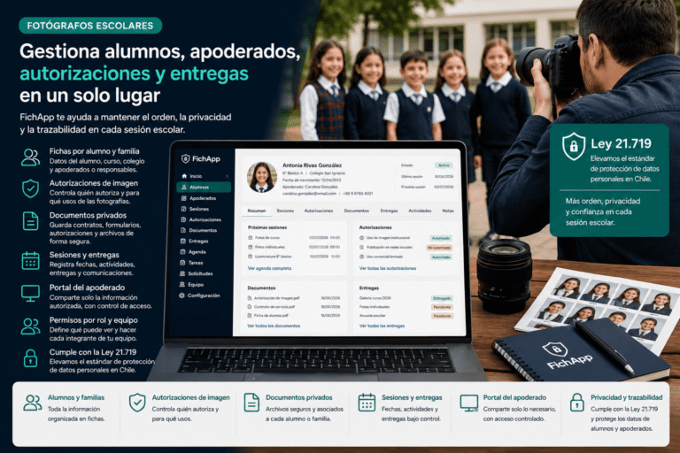 Fotógrafo escolar usando una plataforma segura para gestionar alumnos, apoderados, autorizaciones de imagen, documentos y entregas