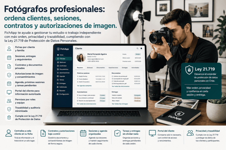 Fotógrafo profesional usando una plataforma segura para ordenar clientes, sesiones, contratos, autorizaciones de imagen y entregas