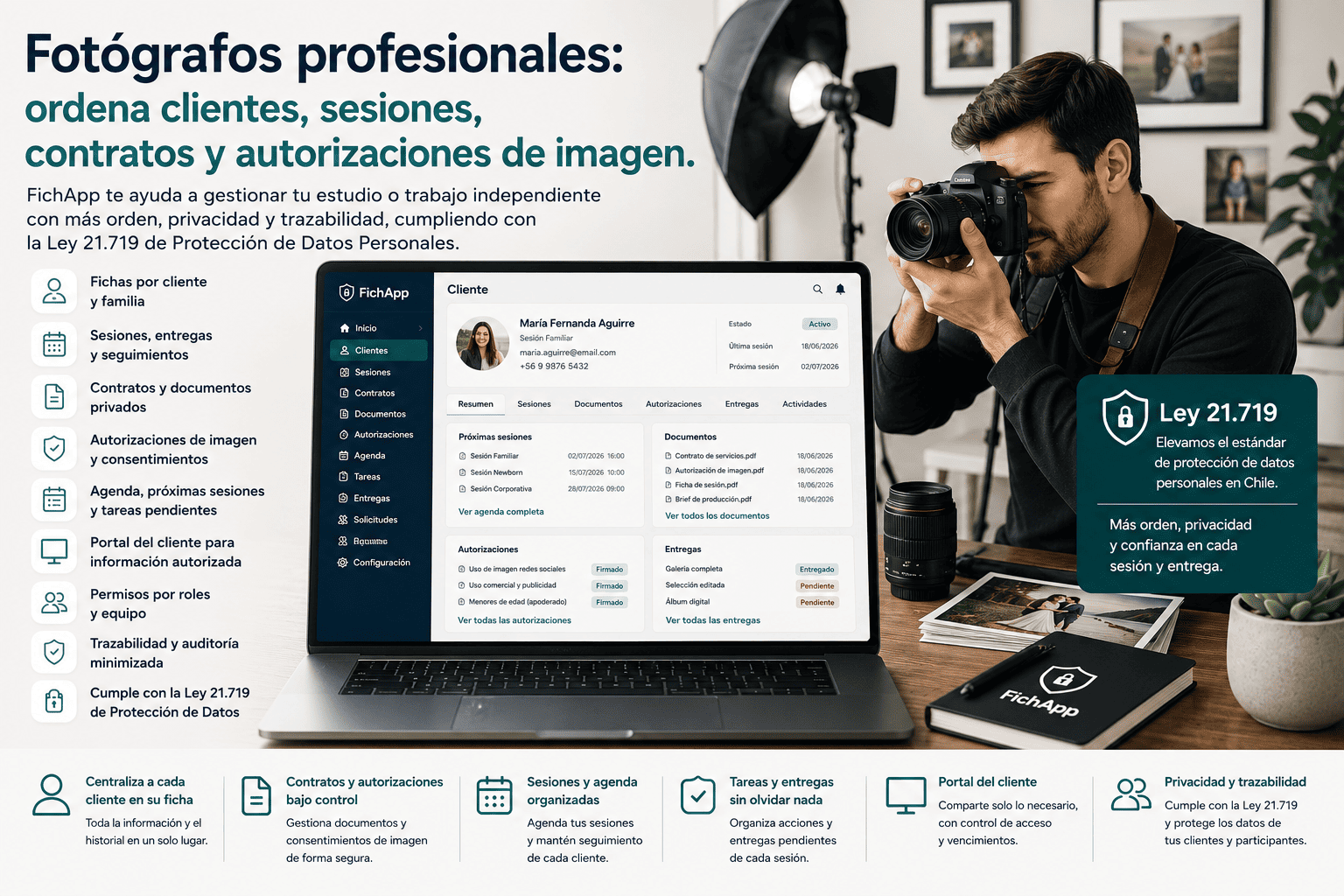 Fotógrafo profesional usando una plataforma segura para ordenar clientes, sesiones, contratos, autorizaciones de imagen y entregas