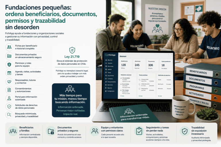 Equipo de una fundación pequeña usando una plataforma segura para ordenar beneficiarios, documentos, permisos, actividades y trazabilidad