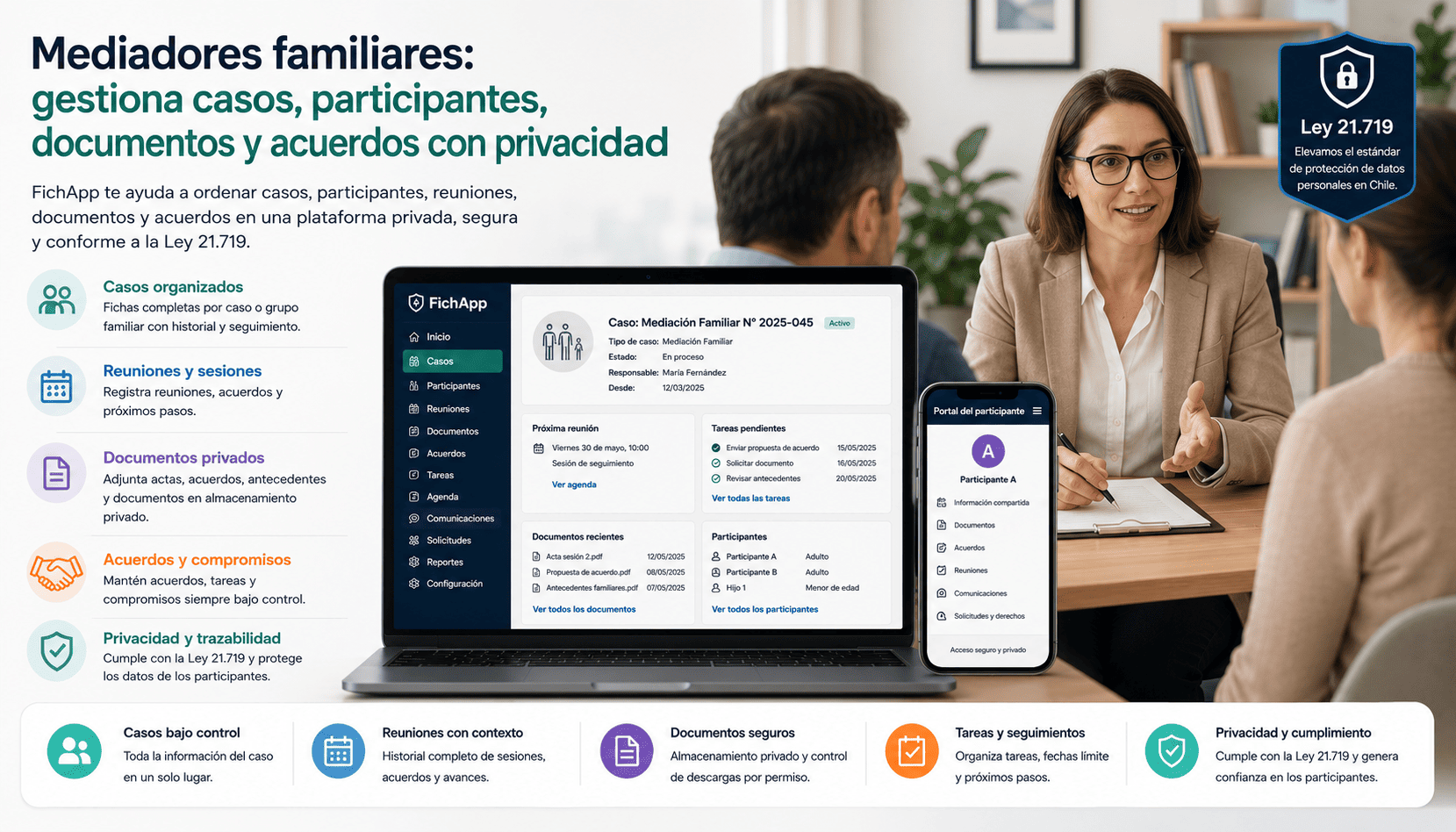 Mediadora familiar usando una plataforma segura para gestionar casos, participantes, documentos, reuniones, acuerdos y privacidad
