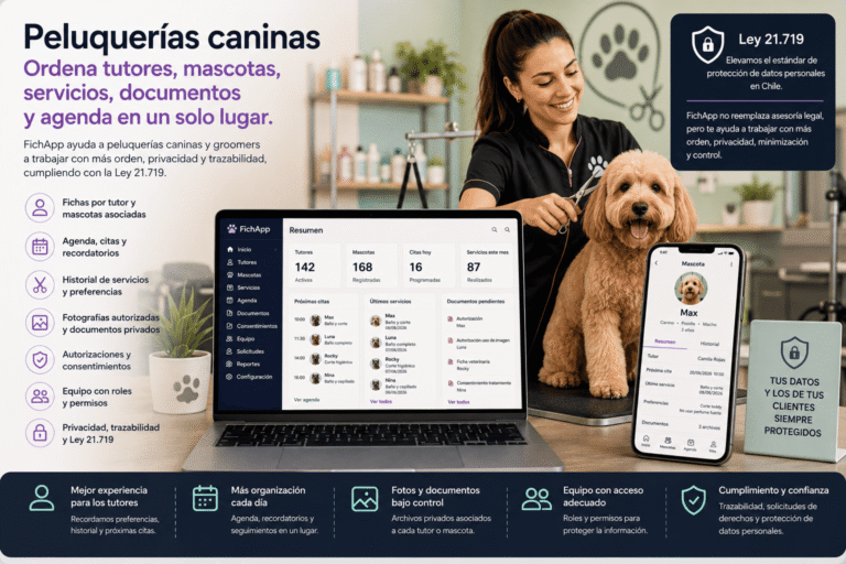 Peluquería canina usando una plataforma segura para ordenar tutores, mascotas, servicios, documentos, fotografías autorizadas y agenda