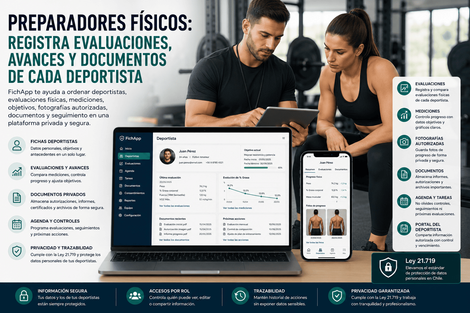 Preparador físico usando una plataforma segura para registrar evaluaciones, avances, mediciones, documentos y fotografías autorizadas de deportistas