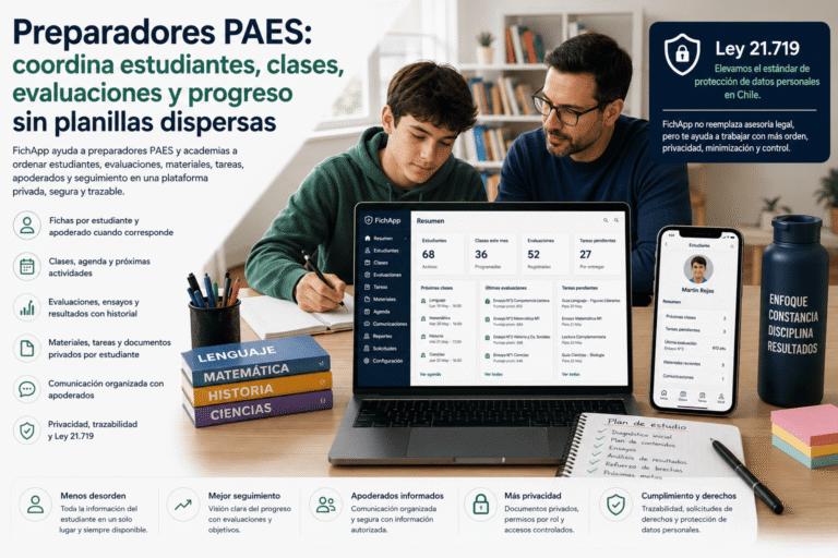 Preparador PAES usando una plataforma segura para ordenar estudiantes, clases, evaluaciones, materiales, apoderados y progreso académico