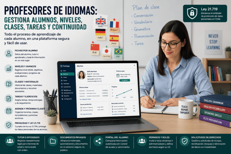 Profesora de idiomas usando una plataforma segura para gestionar alumnos, niveles, clases, tareas, materiales y seguimiento