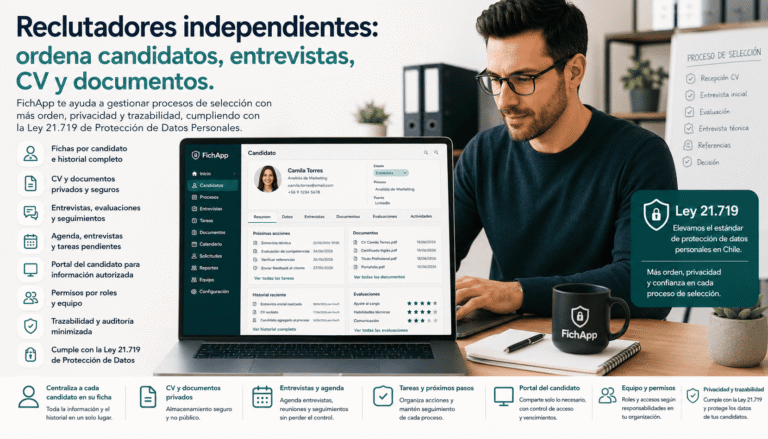 Reclutador independiente usando una plataforma segura para ordenar candidatos, entrevistas, CV, documentos y seguimiento