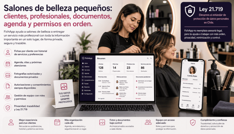 Salón de belleza pequeño usando una plataforma segura para ordenar clientes, profesionales, documentos, agenda, fotografías autorizadas y permisos