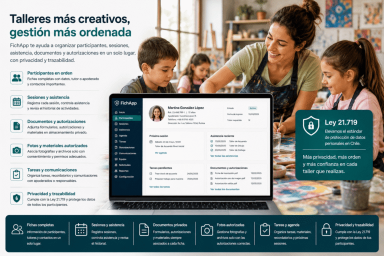 Tallerista usando una plataforma segura para ordenar participantes, sesiones, asistencia, documentos, autorizaciones y tareas