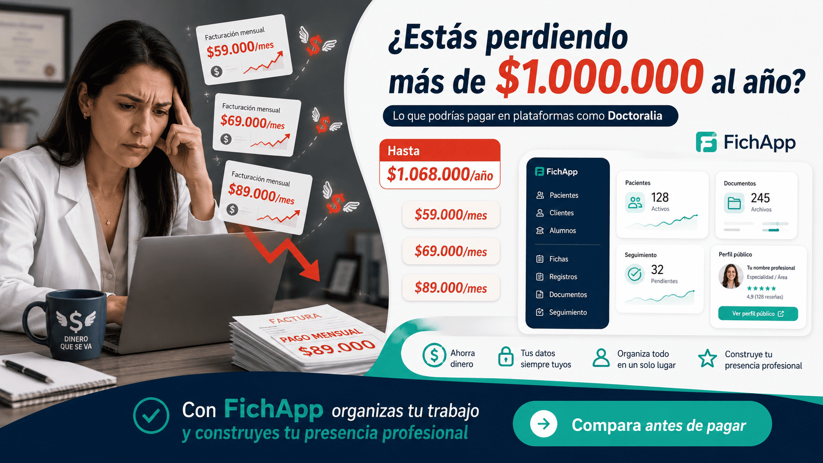 Comparación de precios de Doctoralia Chile con FichApp para profesionales que buscan organizar pacientes y fortalecer su presencia digital