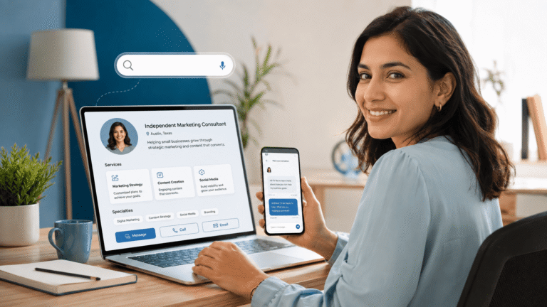 Profesional independiente mostrando su perfil público y opciones de contacto desde un computador y teléfono móvil