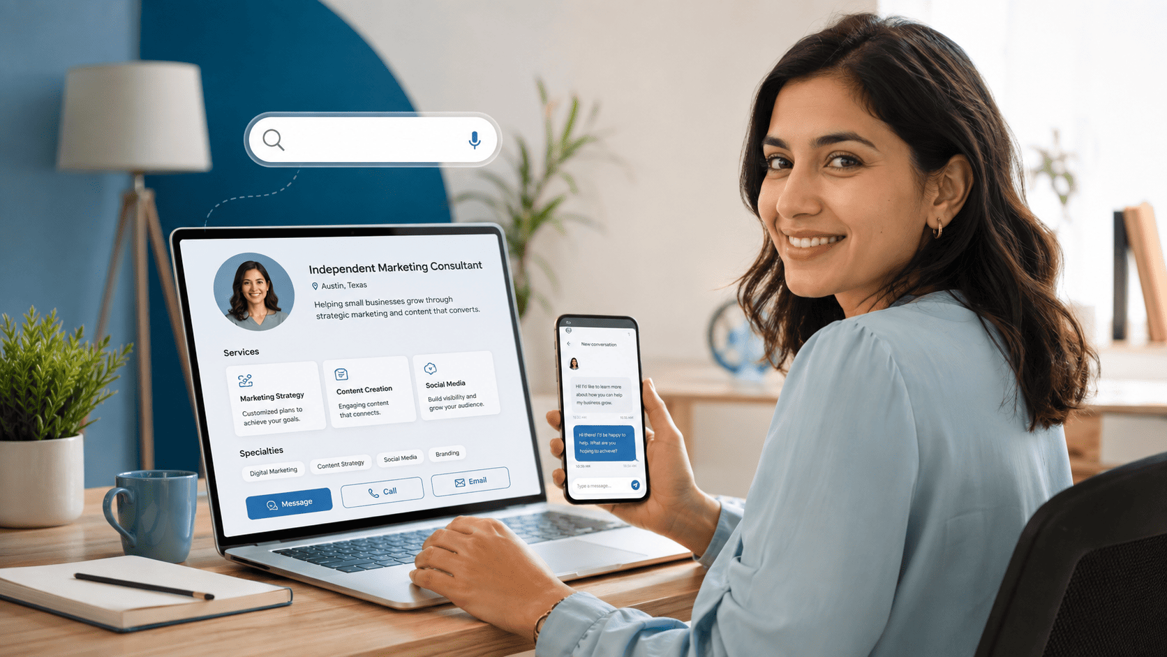 Profesional independiente mostrando su perfil público y opciones de contacto desde un computador y teléfono móvil